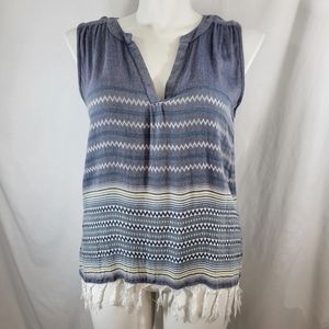 Dylan Sleeveless TOP Blue White Stripe Tunic Womens Size Medium M Fringe Tassels
